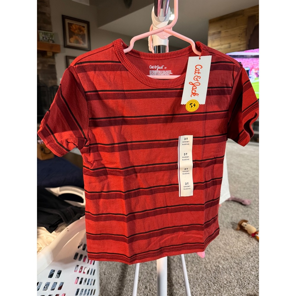 Cat & Jack Toddler Boys Red Black Striped Short Sleeve T-Shirt 3T NWT